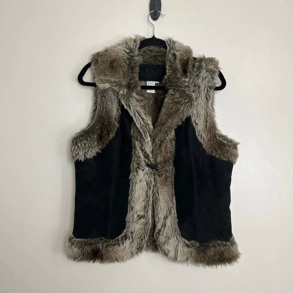 Vintage Y2K Bohemian Genuine Suede Leather Faux Fur Trim‎ Vest Black Brown Large